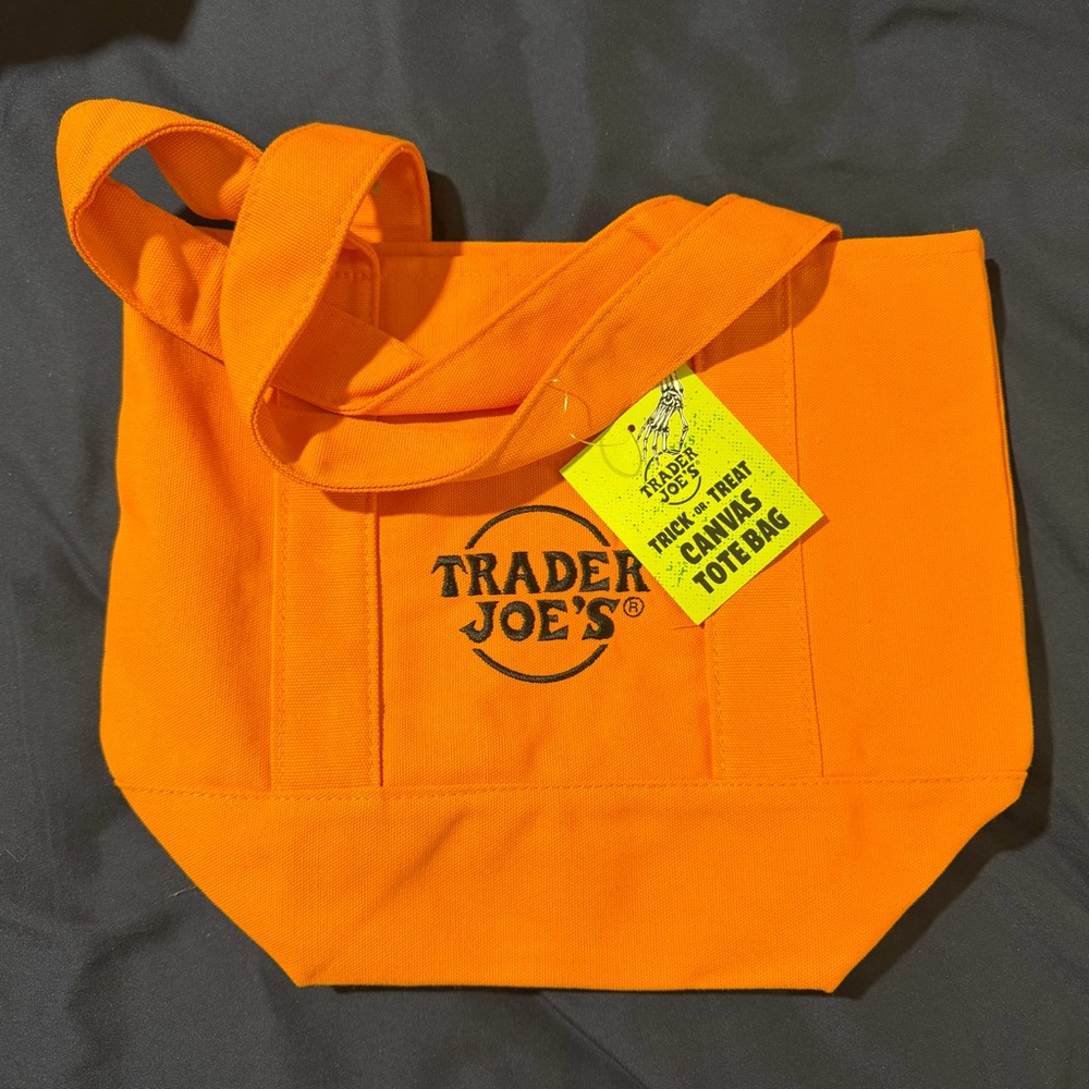 Trader Joe's Orange/Black Trick or Treat Canvas Tote Bag